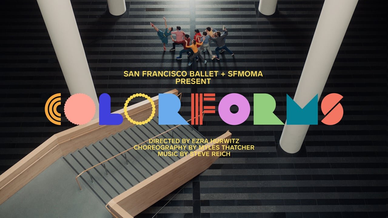 Title card for COLORFORMS, a San Francisco Ballet and SFMOMA dance film, over a top-down view of dancers in a striped atrium.